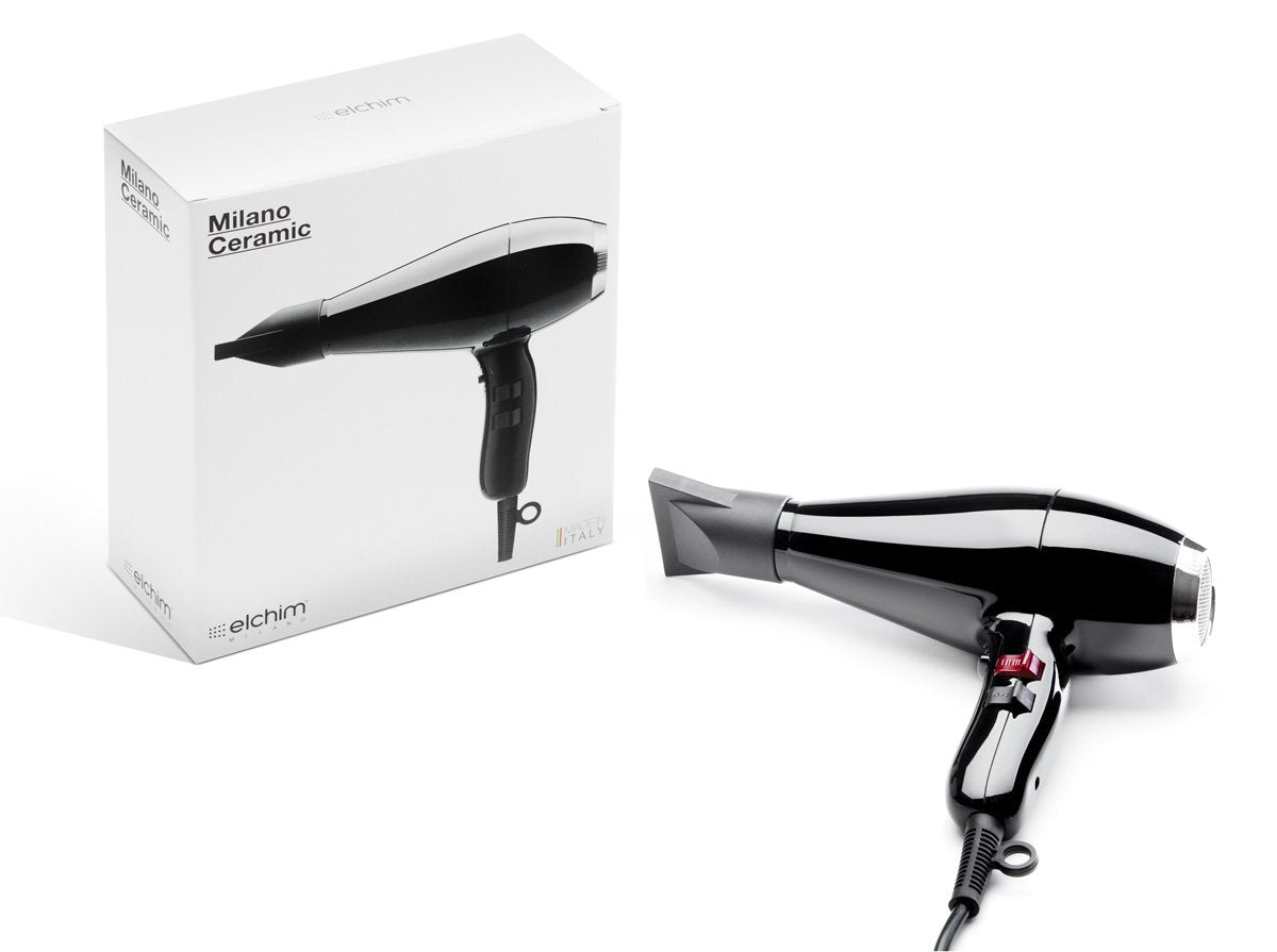Elchim Milano Ceramic Hair Dryer Ultra Slim & Lightweight Salon Professional Blow Dryer and Ergonomic Design, Concentrator Included, Fast Drying, Quiet, Black/Silver, 2000 Watt