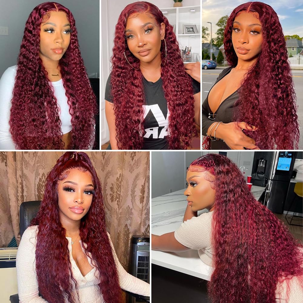 Pizazz 99J Burgundy Lace Front Wigs Human Hair Pre Plucked 12A 13x4 HD Lace Frontal Wigs with Baby Hair 180 Density Red Deep Wave Human Hair Wigs for Women(26 Inch)