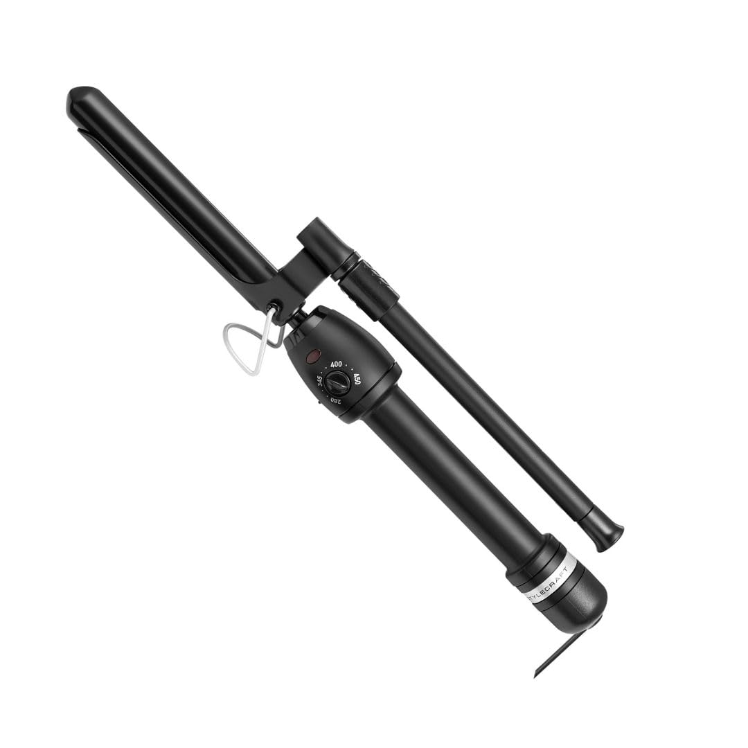 StyleCraft Stay-Temp Black Gold Professional Curling Iron with Extra-Long Thumb Grip, Extended Barrel, Marcel