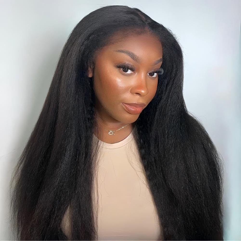 ISEE HAIR Lace Front Wigs Human Hair Kinky Straight Wear & Go Glueless Wigs Natural Hairline Pre Cut 7x5 HD Lace Closure Wig Beginner Friendly 180% Density (Natural Color, 20 Inch)