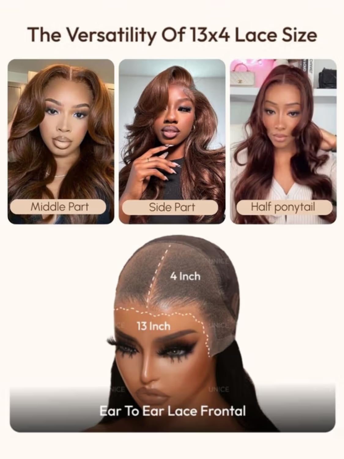 UNICE 13x4 HD Lace Front Wig Human Hair Drawstring Wigs Auburn Brown Loose Wave Face Framing Layers Curtain Bangs Glueless Wig Pre Plucked Pre Cut Bleached Knots 150% Density 20 Inch