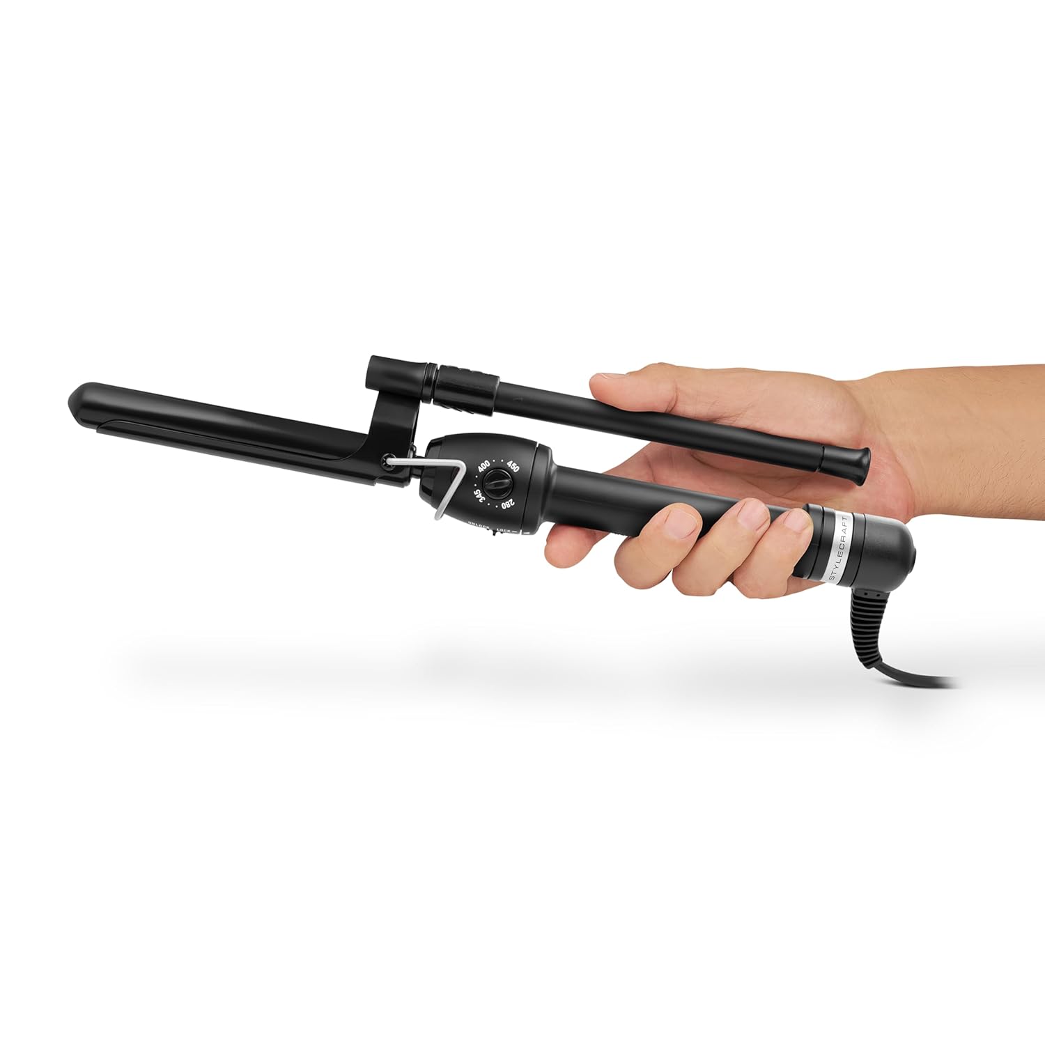 StyleCraft Stay-Temp Black Gold Professional Curling Iron with Extra-Long Thumb Grip, Extended Barrel, Marcel