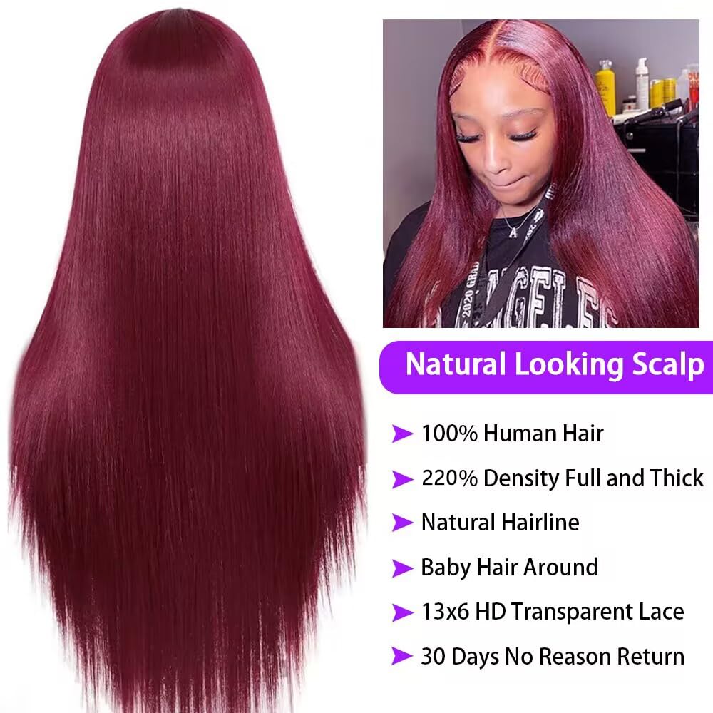 CHEETAHBEAUTY 99j Burgundy Lace Front Wigs Human Hair 26Inch 13x6 Burgundy Wig Human Hair 220% Density Brazilian Virgin Straight Human Hair Wigs for Women Pre Plucked with Baby Hair