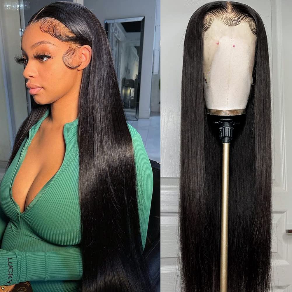 Iris Queen 28 Inch Straight HD Lace Front Wigs Human Hair Pre Plucked 12A 180 Density 13x4 Transparent Lace Frontal Wig with Baby Hair Natural Black for Women