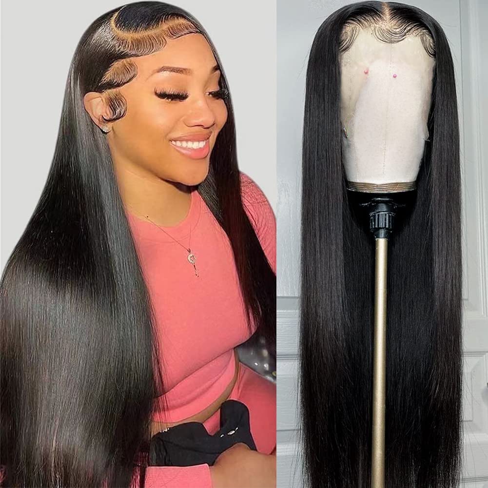 Iris Queen 28 Inch Straight HD Lace Front Wigs Human Hair Pre Plucked 12A 180 Density 13x4 Transparent Lace Frontal Wig with Baby Hair Natural Black for Women