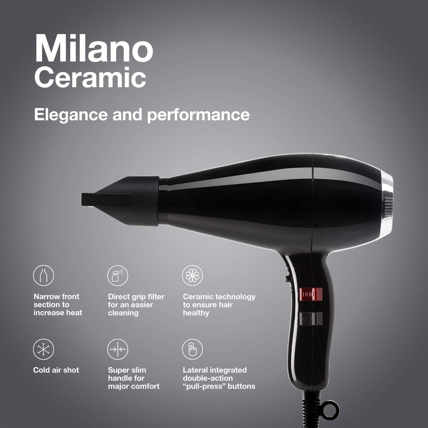 Elchim Milano Ceramic Hair Dryer Ultra Slim & Lightweight Salon Professional Blow Dryer and Ergonomic Design, Concentrator Included, Fast Drying, Quiet, Black/Silver, 2000 Watt