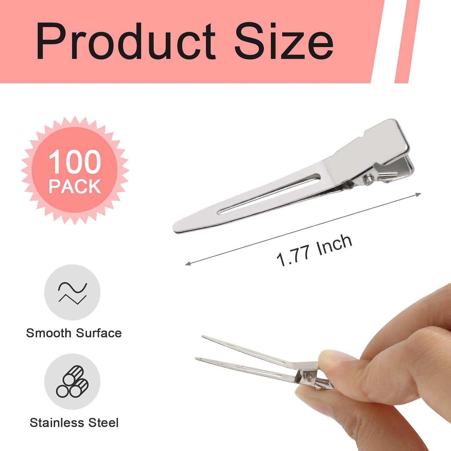 100 Pack 1.77 Inch Single Prong Pin Curl Duckbill Clips,Silver Setting Section Hair Clips Metal Alligator Clips for Hair Extensions