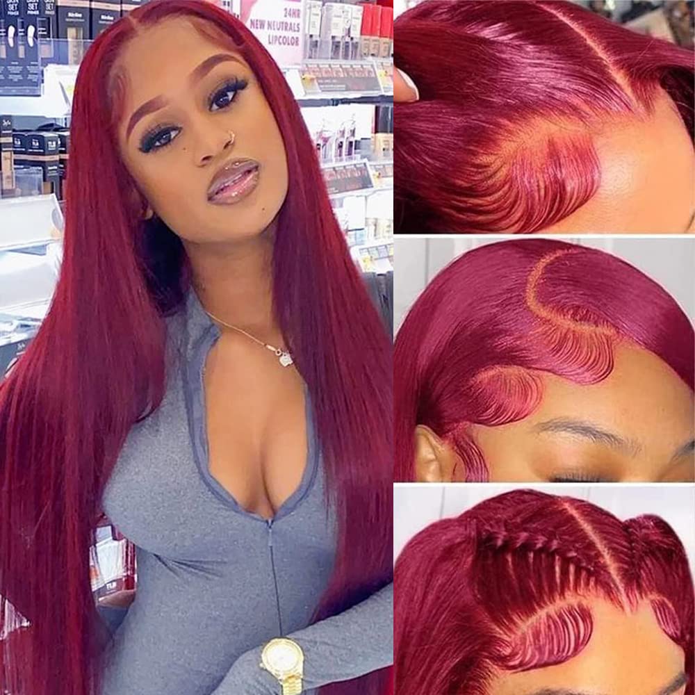 CHEETAHBEAUTY 99j Burgundy Lace Front Wigs Human Hair 26Inch 13x6 Burgundy Wig Human Hair 220% Density Brazilian Virgin Straight Human Hair Wigs for Women Pre Plucked with Baby Hair
