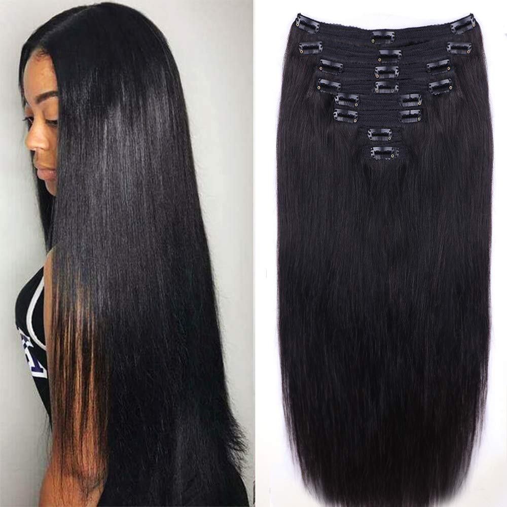 Straight Human Hair Clip in Hair Extensions for Black Women 100% Unprocessed Full Head Brazilian Virgin Hair Natural Black Color,8/Pcs with 18Clips,120 Gram (24inch, Straight hair)