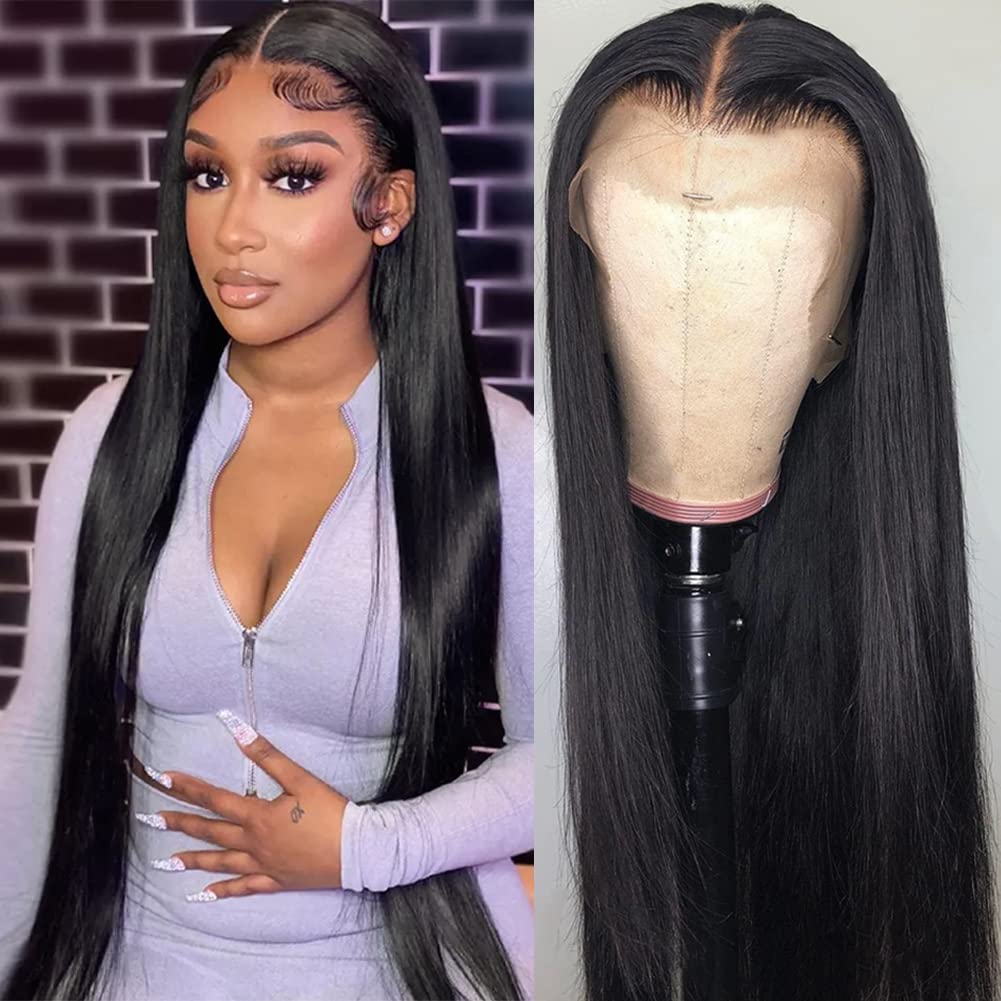 Iris Queen 28 Inch Straight HD Lace Front Wigs Human Hair Pre Plucked 12A 180 Density 13x4 Transparent Lace Frontal Wig with Baby Hair Natural Black for Women