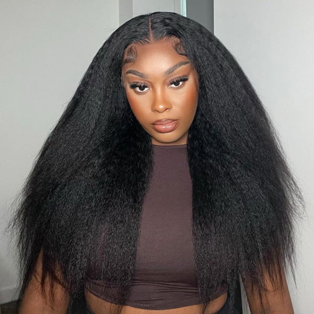 ISEE HAIR Lace Front Wigs Human Hair Kinky Straight Wear & Go Glueless Wigs Natural Hairline Pre Cut 7x5 HD Lace Closure Wig Beginner Friendly 180% Density (Natural Color, 20 Inch)