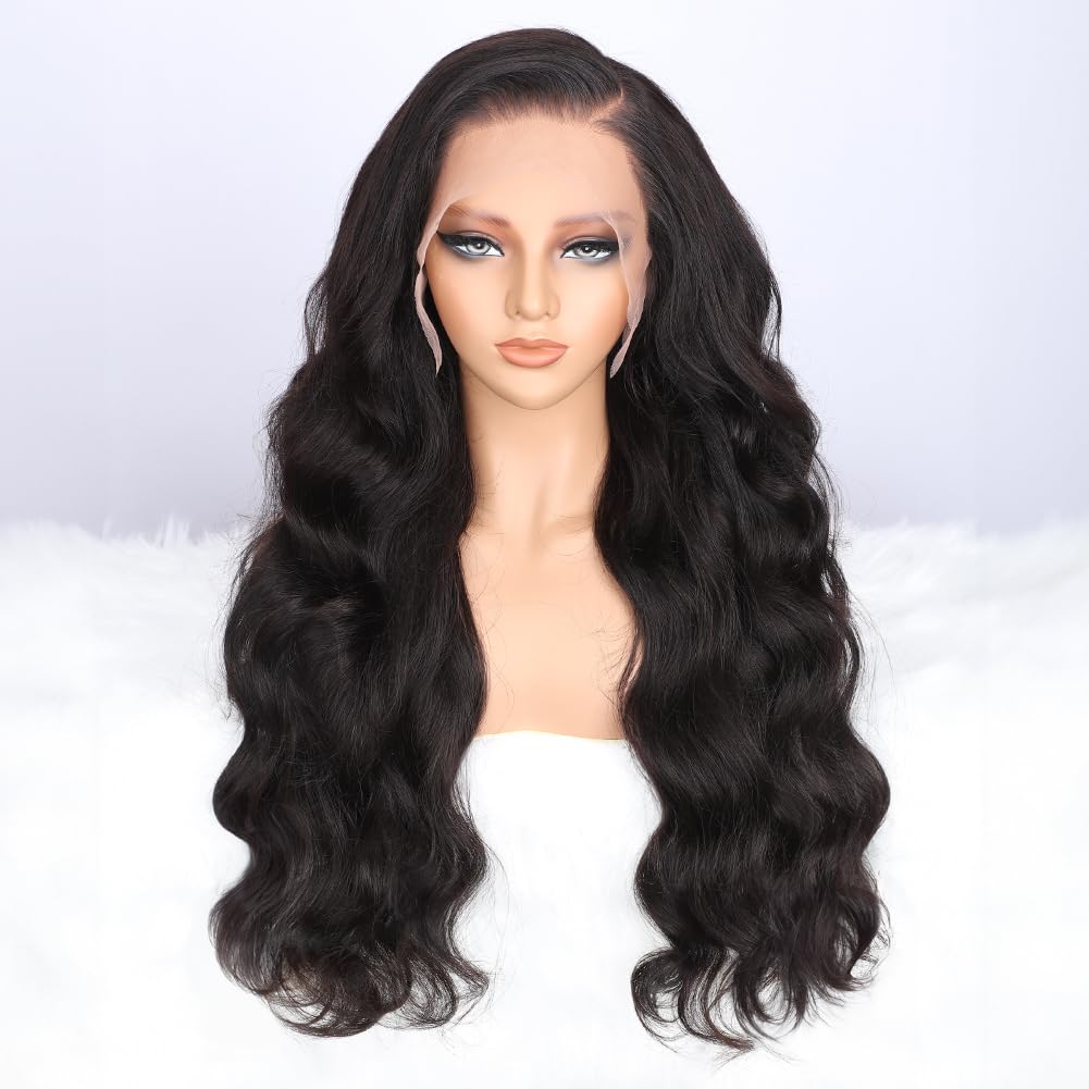 Pizazz 13x6 HD Transparent Lace Front Wigs Human hair Pre Plucked 180 Density Brazilian Body Wave Frontal Wigs Human Hair with Baby Hair Natural Hairline Natural Black Color 28Inch
