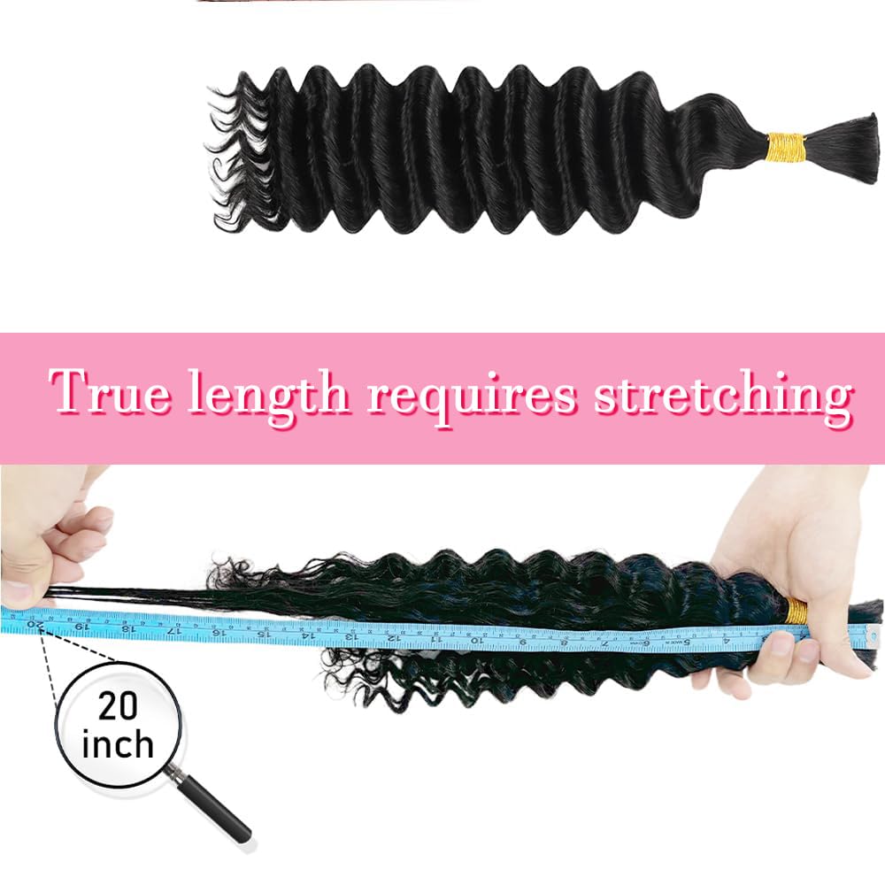 22 Inch Human Braiding Hair for Boho Braids Deep Wave Bulk Human Hair 100% Unprocessed Brazilian Virgin Hair for Braiding Bohemian No Weft 3 Bundles 110g Natural Color