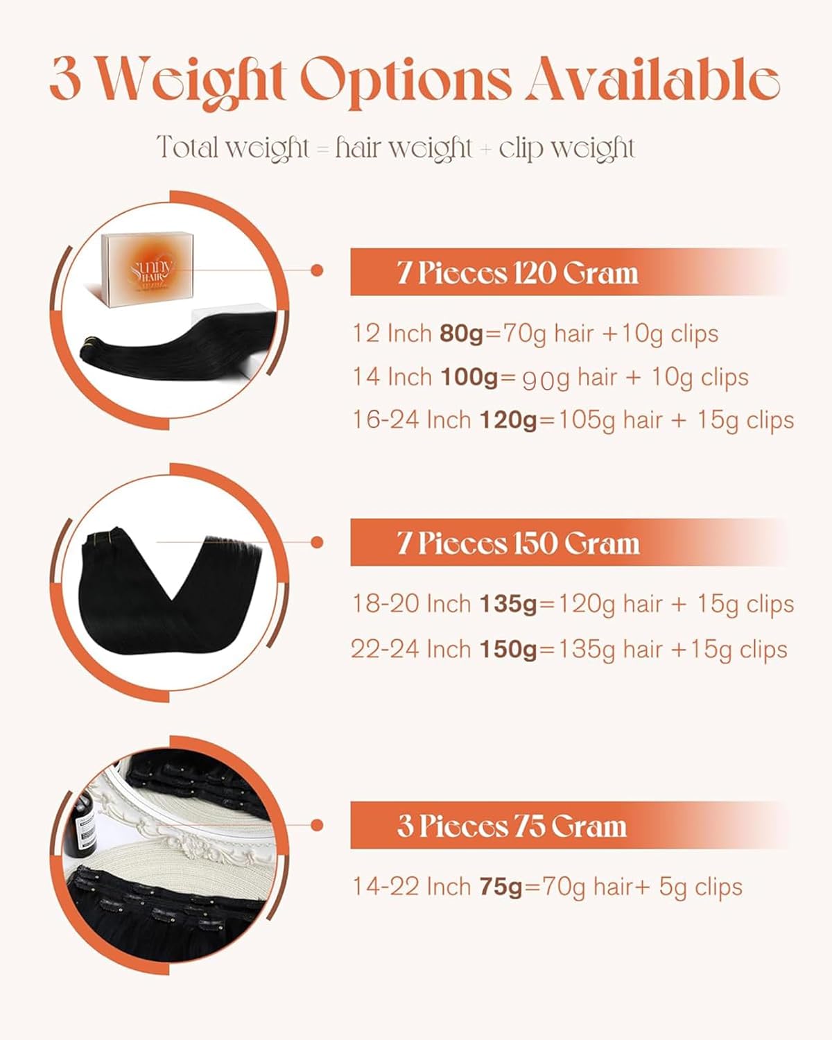 Sunny Hair Clip in Hair Extensions Straight Human Hair Clip in Extensions Remy Clip in Hair Extensions Real Human Hair Extensions Clip ins Jet Black for Women 22inch