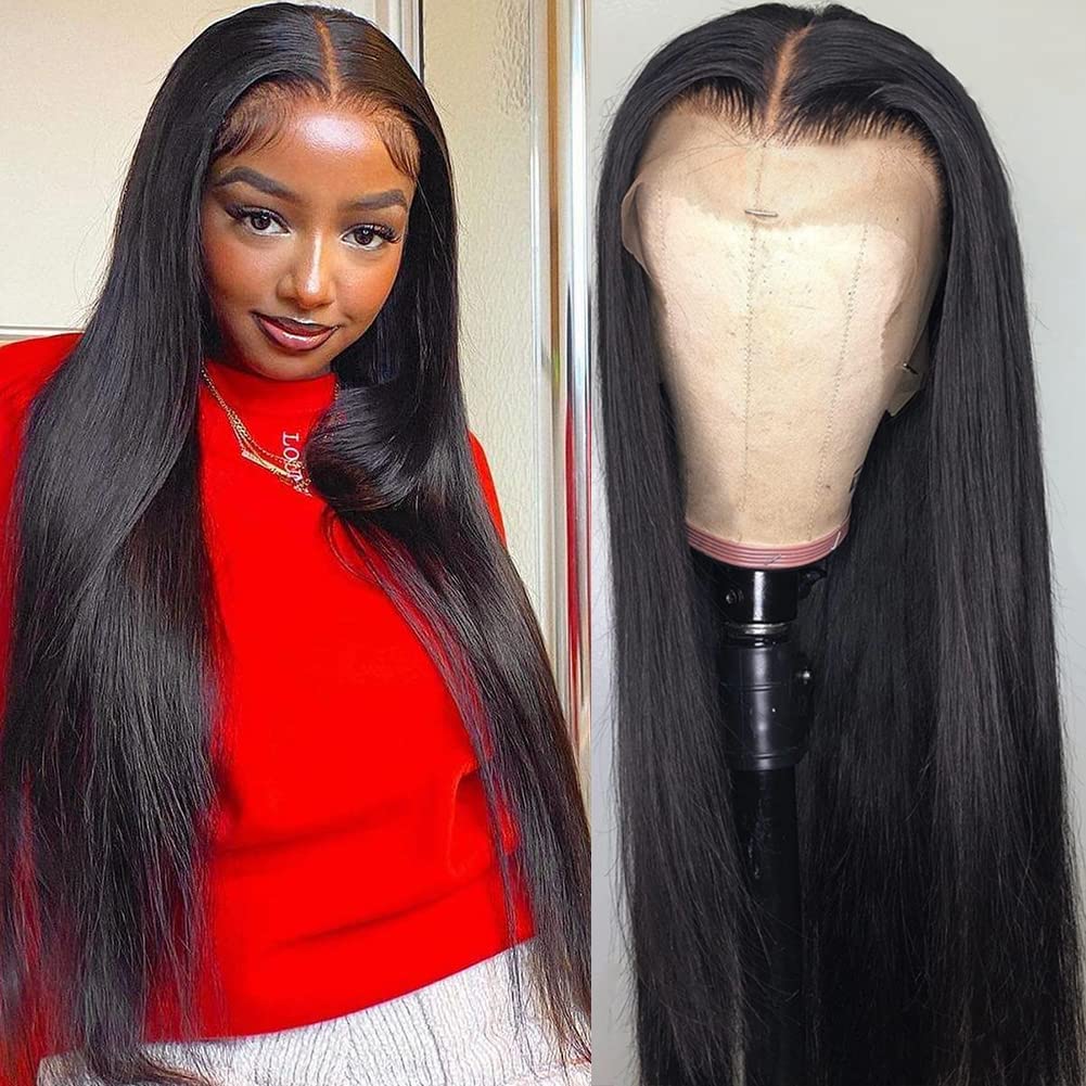 Iris Queen 28 Inch Straight HD Lace Front Wigs Human Hair Pre Plucked 12A 180 Density 13x4 Transparent Lace Frontal Wig with Baby Hair Natural Black for Women
