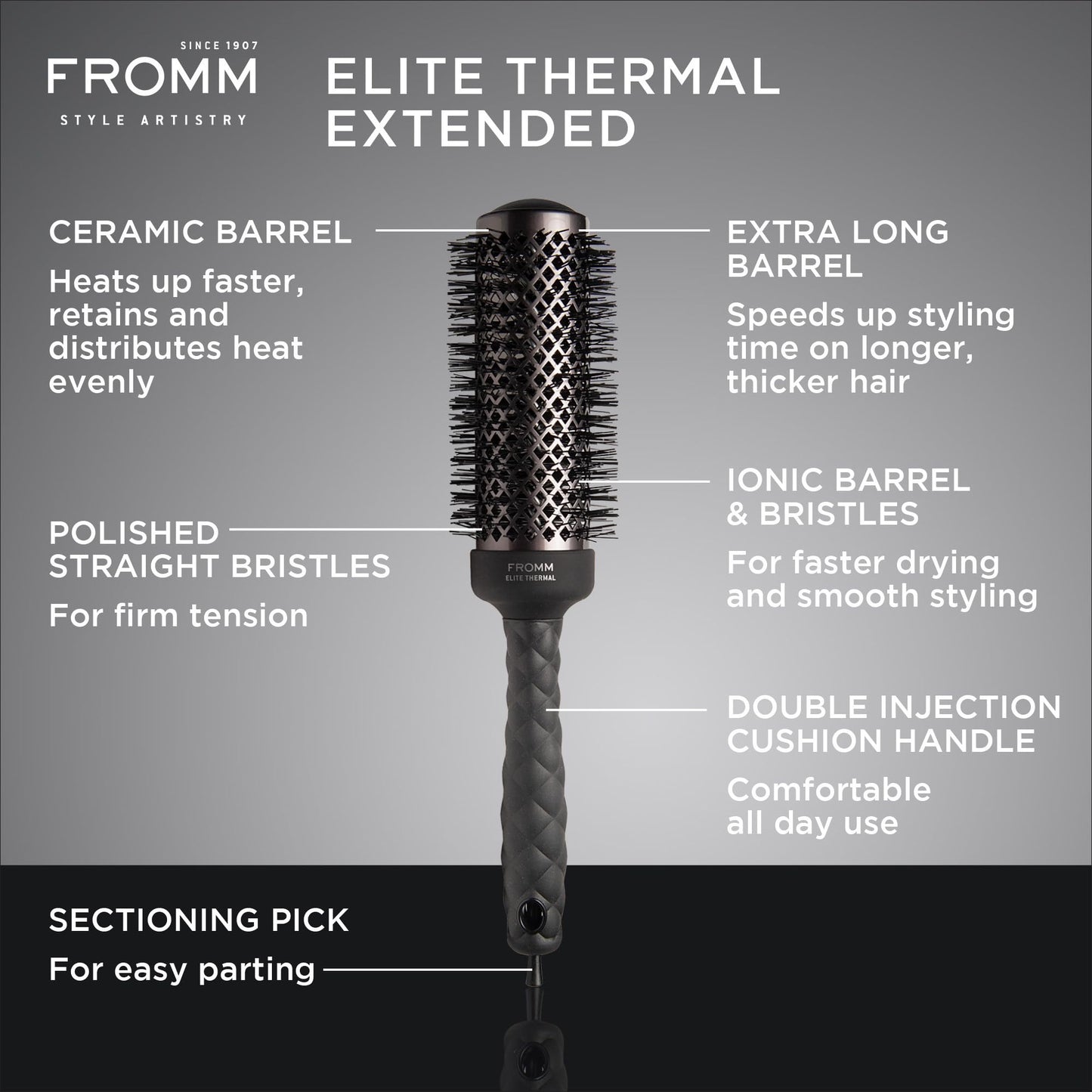 Fromm Elite Thermal Ceramic x Ionic 1.25 Inch Round Hair Brush for Expert Blowouts, Hair Drying, Extended Barrel for Anti-Static Styling, Smoothing, Straightening, and Shine, Ideal for Short Hair