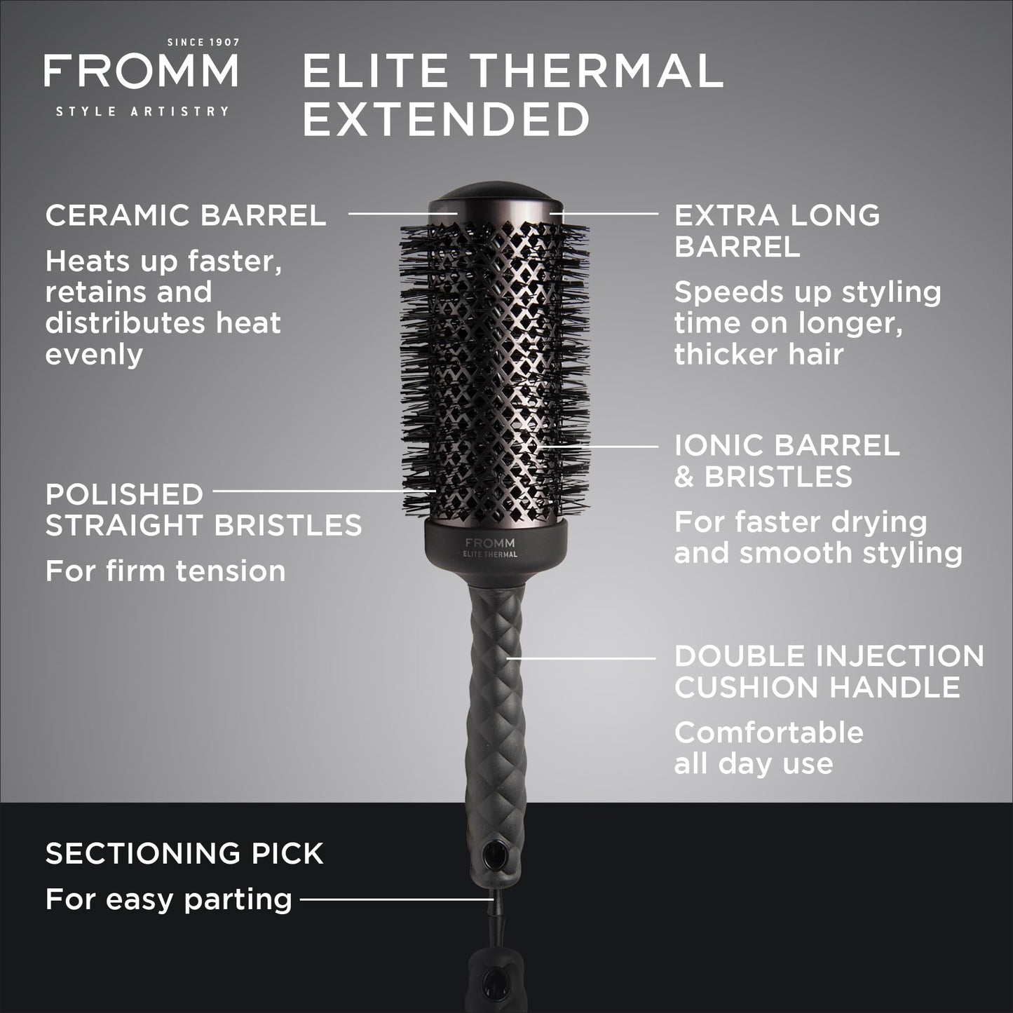 Fromm Elite Thermal Ceramic x Ionic 1.25 Inch Round Hair Brush for Expert Blowouts, Hair Drying, Extended Barrel for Anti-Static Styling, Smoothing, Straightening, and Shine, Ideal for Short Hair
