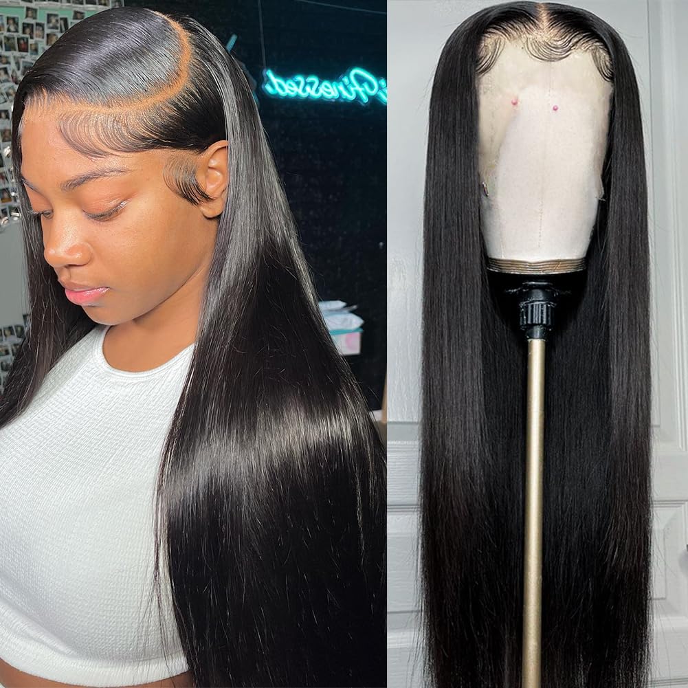 Iris Queen 28 Inch Straight HD Lace Front Wigs Human Hair Pre Plucked 12A 180 Density 13x4 Transparent Lace Frontal Wig with Baby Hair Natural Black for Women