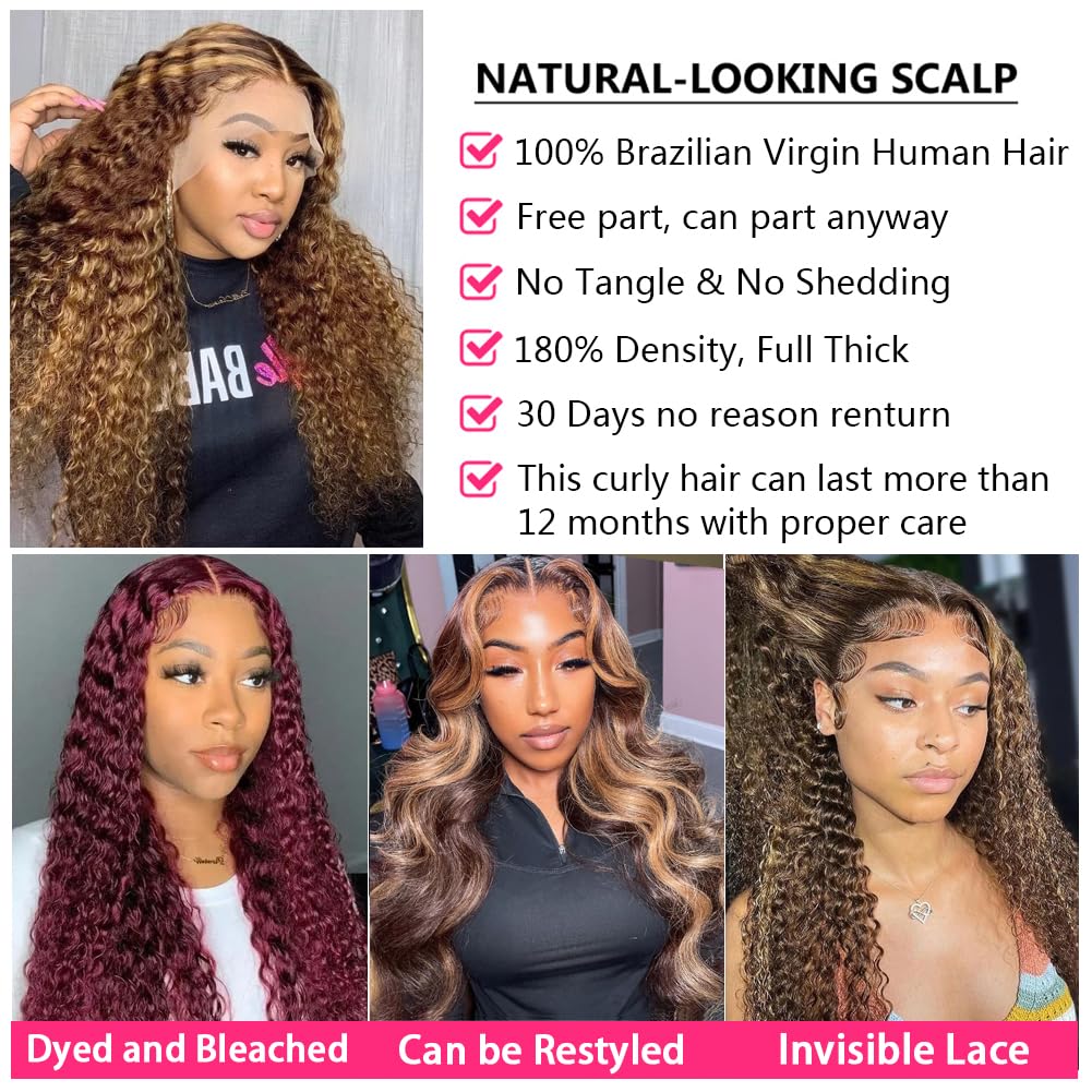 bangjazz 26 Inch Highlight Ombre Lace Front Wig Human Hair Deep Wave 13x4 HD Lace Frontal Wigs Human Hair 180% Density P4/27 Colored Curly Wigs for Women Glueless Pre Plucked Wig