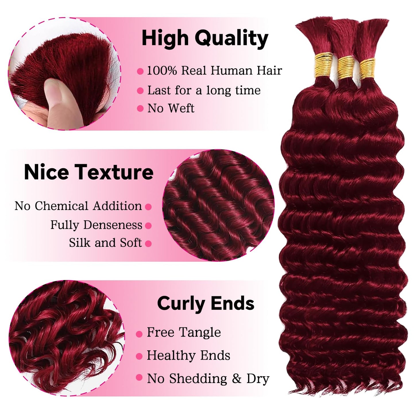 22 Inch Human Braiding Hair for Boho Braids Deep Wave Bulk Human Hair 100% Unprocessed Brazilian Virgin Hair for Braiding Bohemian No Weft 3 Bundles 110g Natural Color