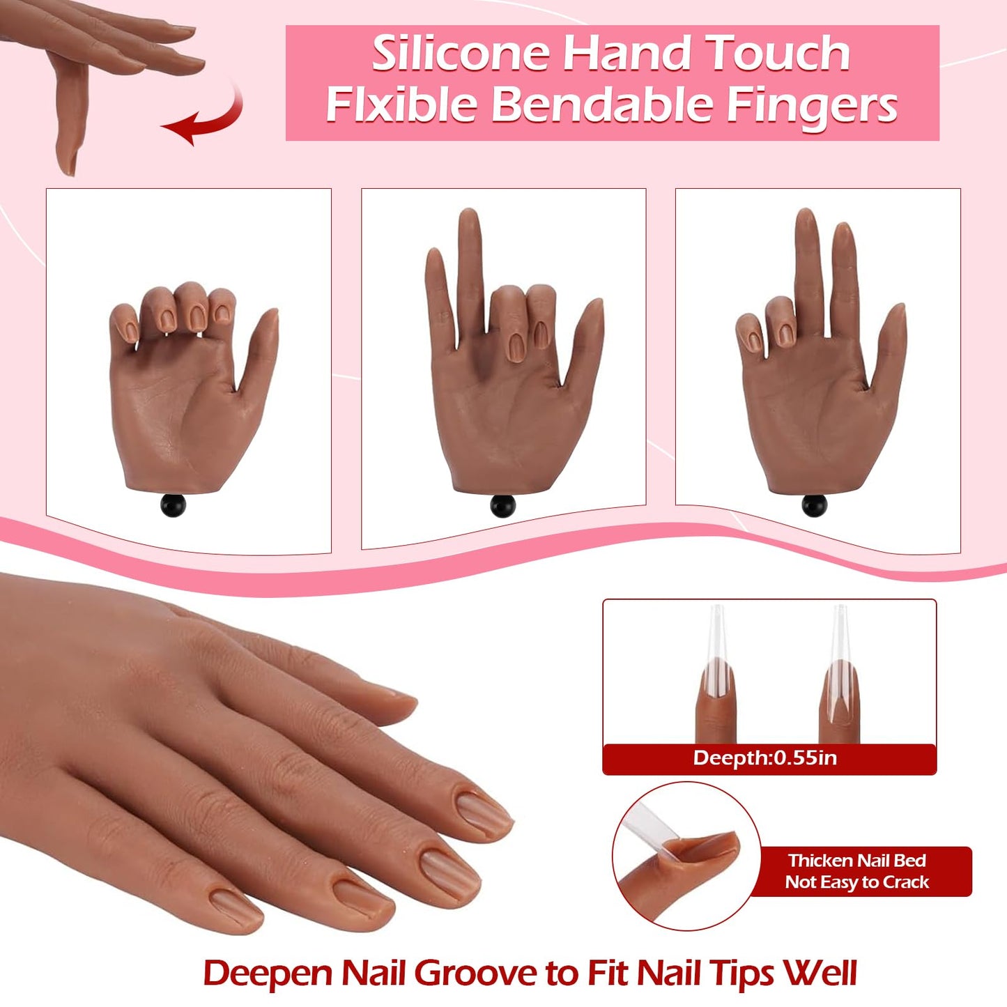 LIONVISON Practice Hand for Acrylic Nails, Silicone Nail Hand Practice, Flexible Fingers Fake Training Hand False Mannequin Hands for Nail Practice, Hand Model Kit for Nail Supplies Manicure Beginners