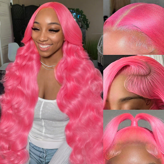 Pink 13x6 Lace Front Wigs Human Hair 200 Density HD Wear and Go Glueless Body Wave Lace Front Wigs Human Hair Pre Plucked Pre Cut Frontal Body Wave Wig for Women 30 Inch