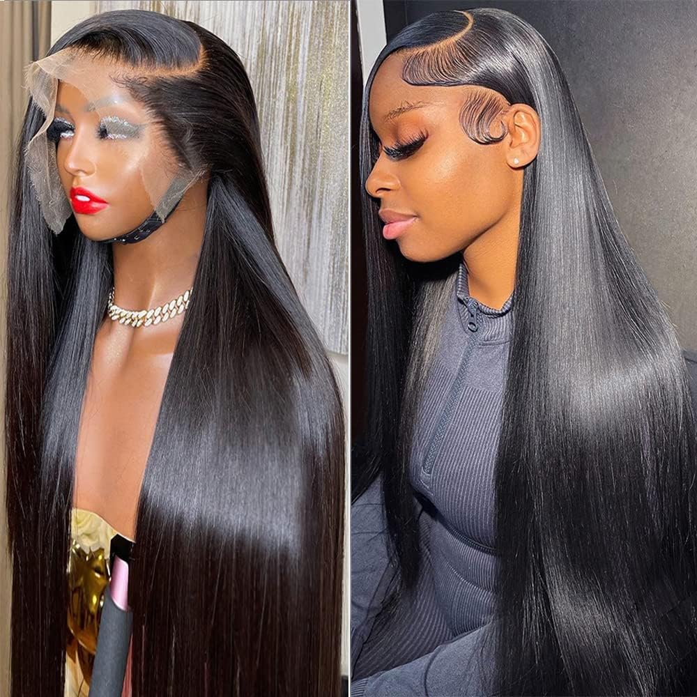 Iris Queen 28 Inch Straight HD Lace Front Wigs Human Hair Pre Plucked 12A 180 Density 13x4 Transparent Lace Frontal Wig with Baby Hair Natural Black for Women