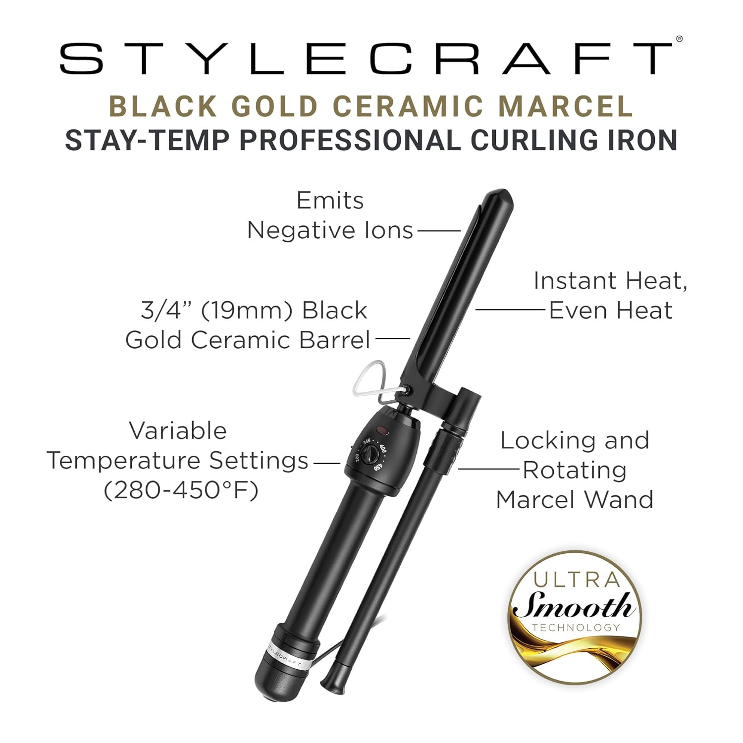 StyleCraft Stay-Temp Black Gold Professional Curling Iron with Extra-Long Thumb Grip, Extended Barrel, Marcel