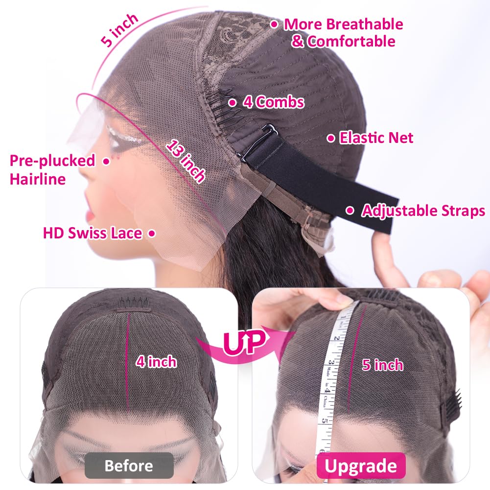 Iris Queen 28 Inch Straight HD Lace Front Wigs Human Hair Pre Plucked 12A 180 Density 13x4 Transparent Lace Frontal Wig with Baby Hair Natural Black for Women