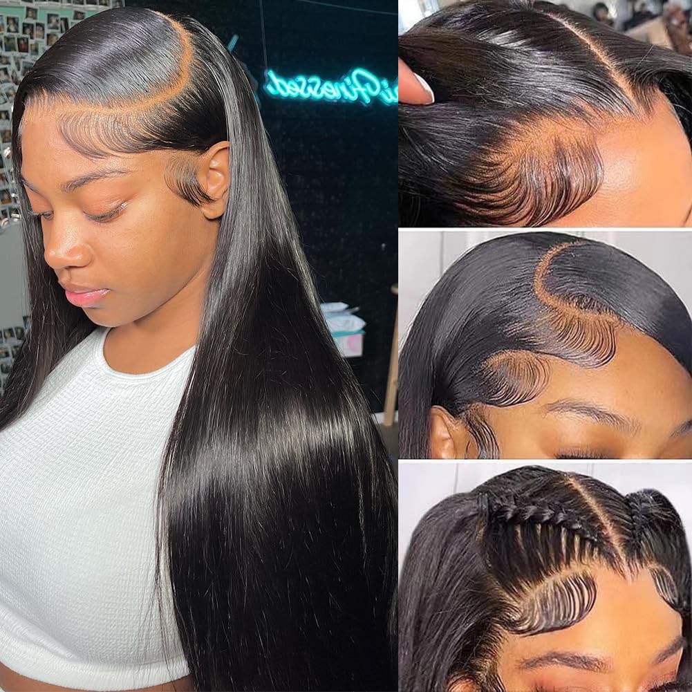 Iris Queen 28 Inch Straight HD Lace Front Wigs Human Hair Pre Plucked 12A 180 Density 13x4 Transparent Lace Frontal Wig with Baby Hair Natural Black for Women