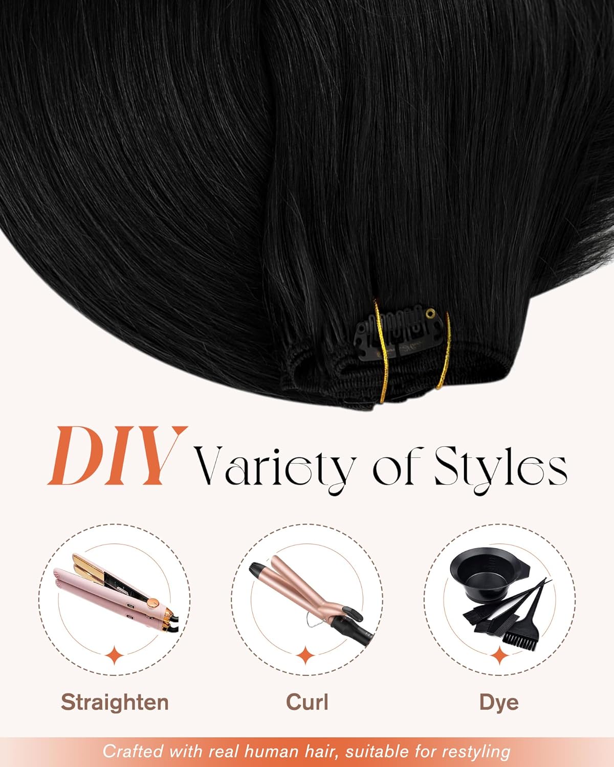 Sunny Hair Clip in Hair Extensions Straight Human Hair Clip in Extensions Remy Clip in Hair Extensions Real Human Hair Extensions Clip ins Jet Black for Women 22inch