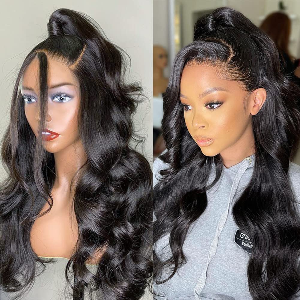 Pizazz 13x6 HD Transparent Lace Front Wigs Human hair Pre Plucked 180 Density Brazilian Body Wave Frontal Wigs Human Hair with Baby Hair Natural Hairline Natural Black Color 28Inch