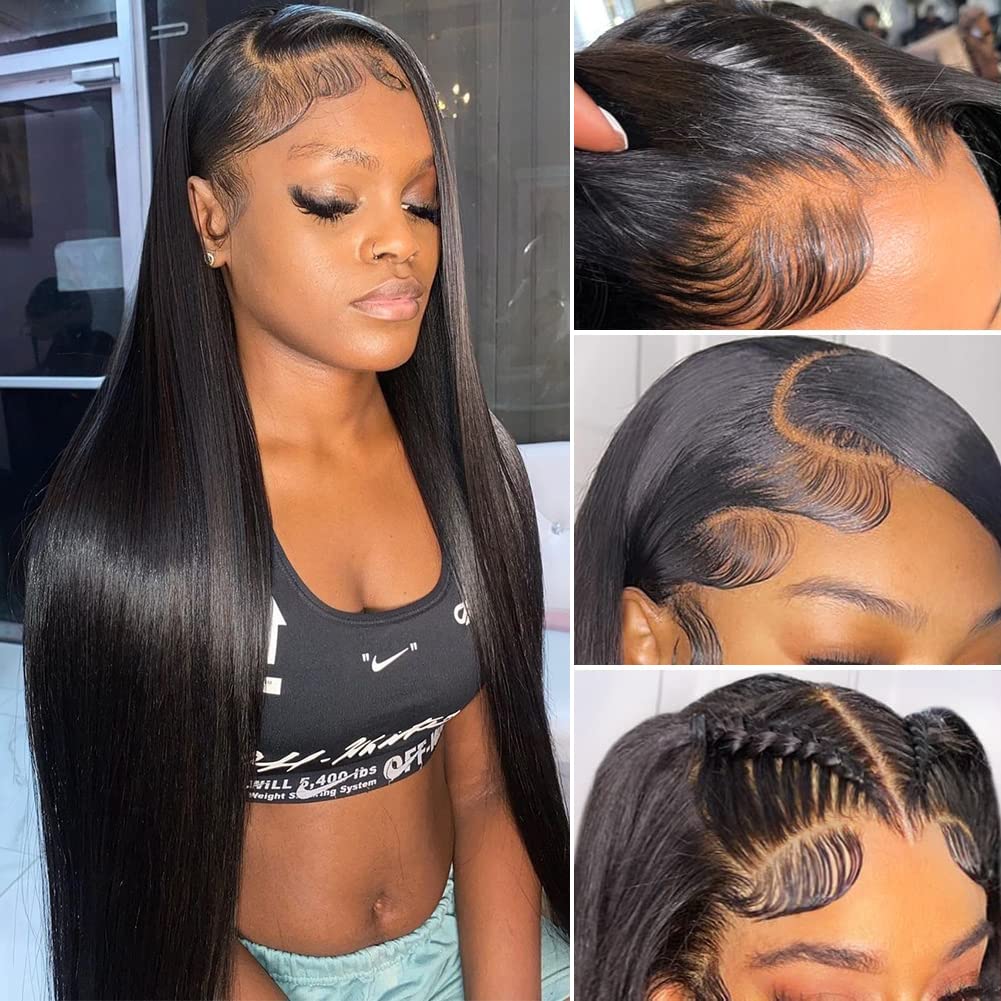 Iris Queen 28 Inch Straight HD Lace Front Wigs Human Hair Pre Plucked 12A 180 Density 13x4 Transparent Lace Frontal Wig with Baby Hair Natural Black for Women