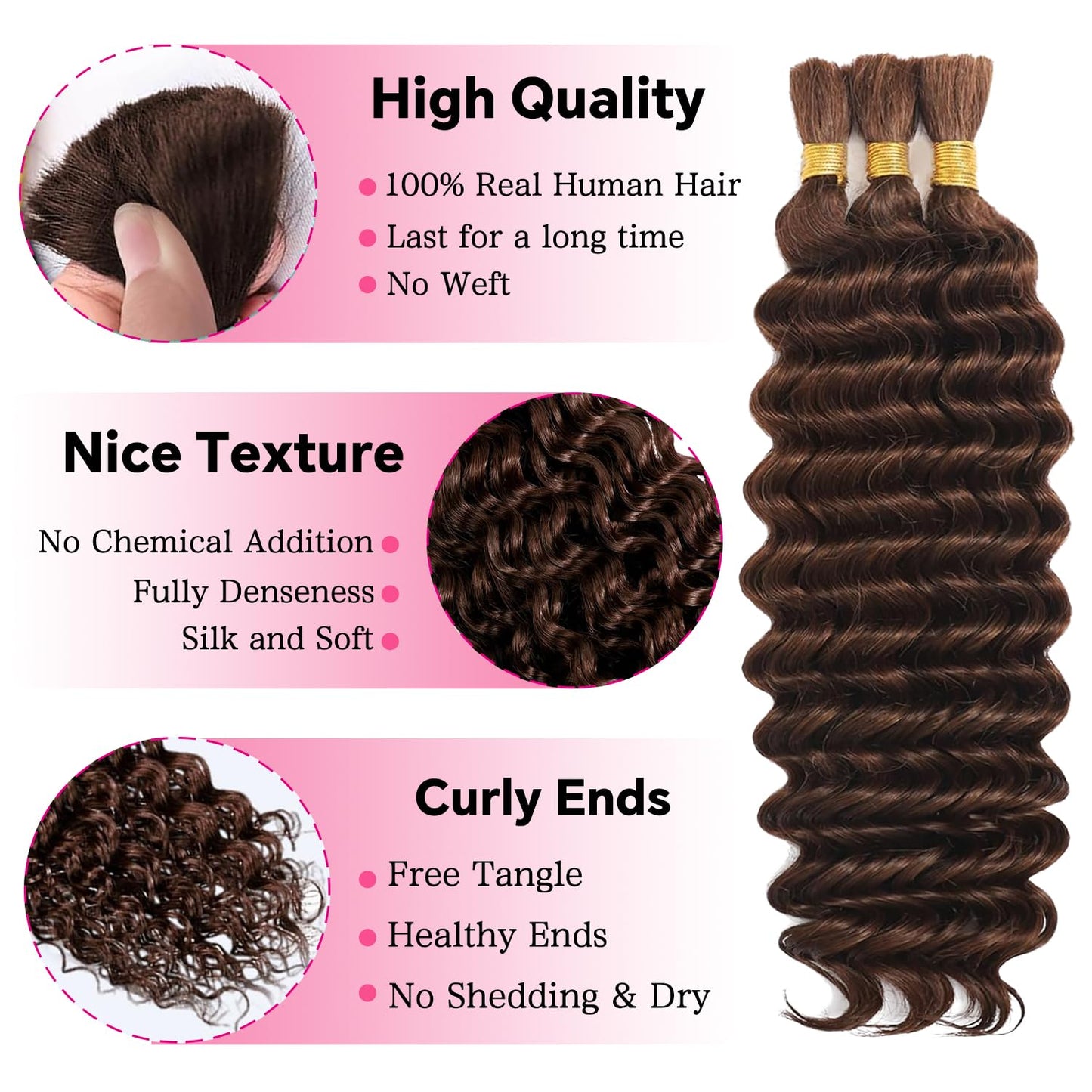 22 Inch Human Braiding Hair for Boho Braids Deep Wave Bulk Human Hair 100% Unprocessed Brazilian Virgin Hair for Braiding Bohemian No Weft 3 Bundles 110g Natural Color