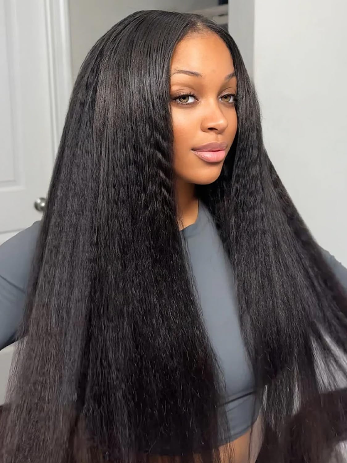 ISEE HAIR Lace Front Wigs Human Hair Kinky Straight Wear & Go Glueless Wigs Natural Hairline Pre Cut 7x5 HD Lace Closure Wig Beginner Friendly 180% Density (Natural Color, 20 Inch)