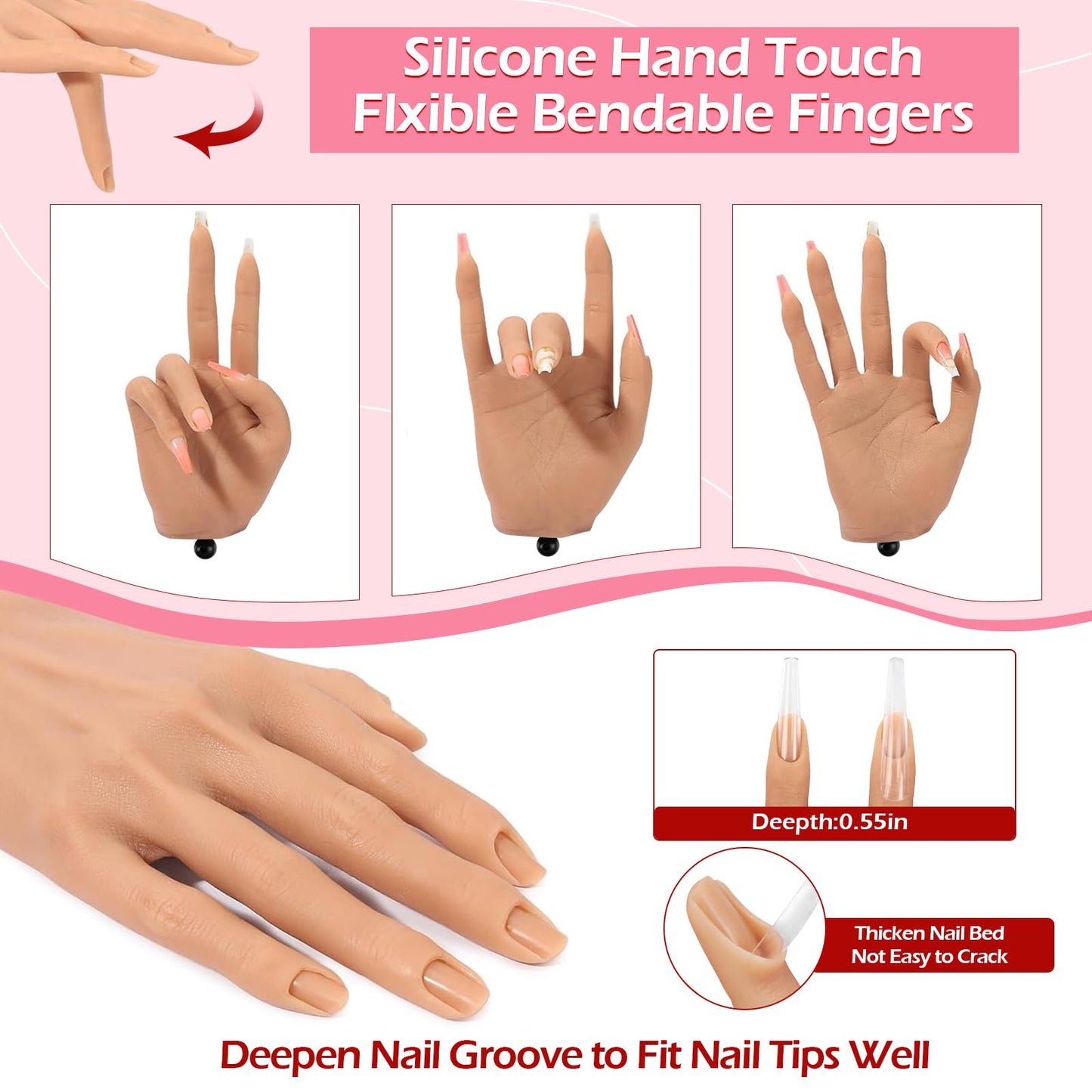 LIONVISON Practice Hand for Acrylic Nails, Silicone Nail Hand Practice, Flexible Fingers Fake Training Hand False Mannequin Hands for Nail Practice, Hand Model Kit for Nail Supplies Manicure Beginners