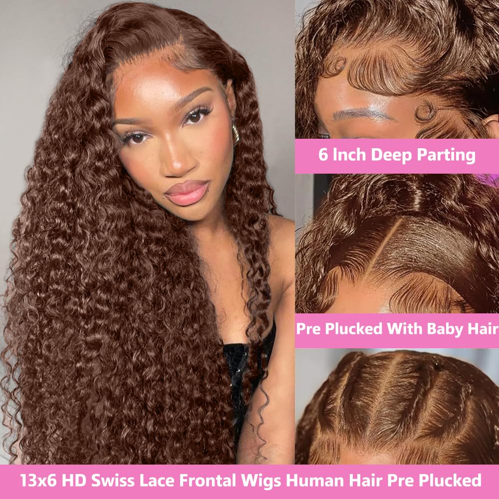 30Inch Chocolate Brown Lace Front Wig Human Hair 200 Density 13x6 HD Deep Wave Lace Front Wigs Human Hair Colored Deep Curly Lace Frontal Wigs Glueless Wig Brown Wig Wigs for Women