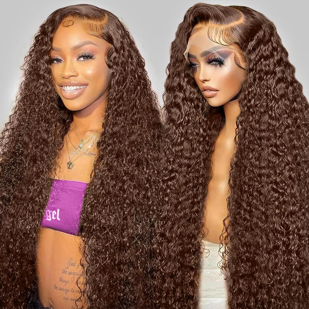 30Inch Chocolate Brown Lace Front Wig Human Hair 200 Density 13x6 HD Deep Wave Lace Front Wigs Human Hair Colored Deep Curly Lace Frontal Wigs Glueless Wig Brown Wig Wigs for Women