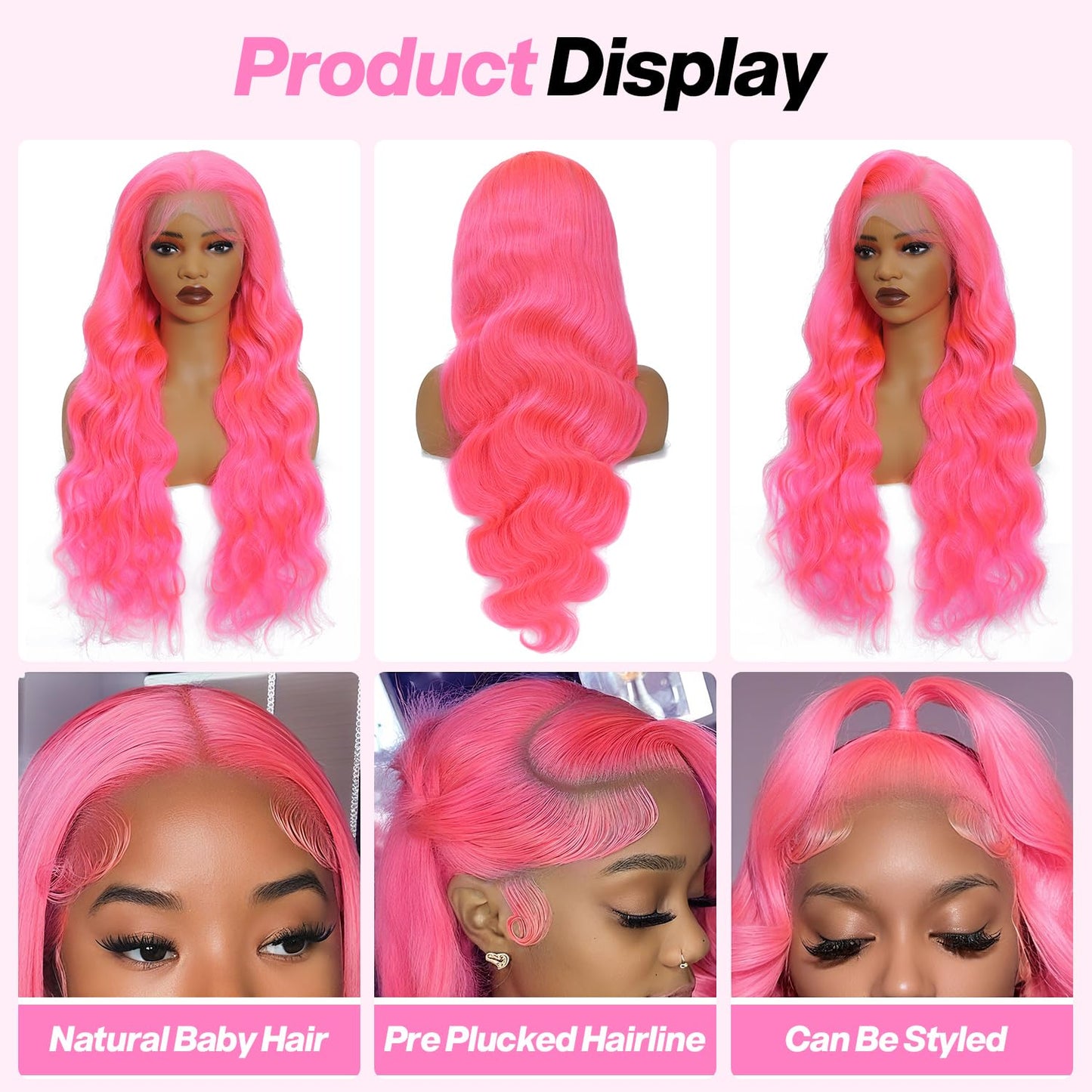 Pink 13x6 Lace Front Wigs Human Hair 200 Density HD Wear and Go Glueless Body Wave Lace Front Wigs Human Hair Pre Plucked Pre Cut Frontal Body Wave Wig for Women 30 Inch