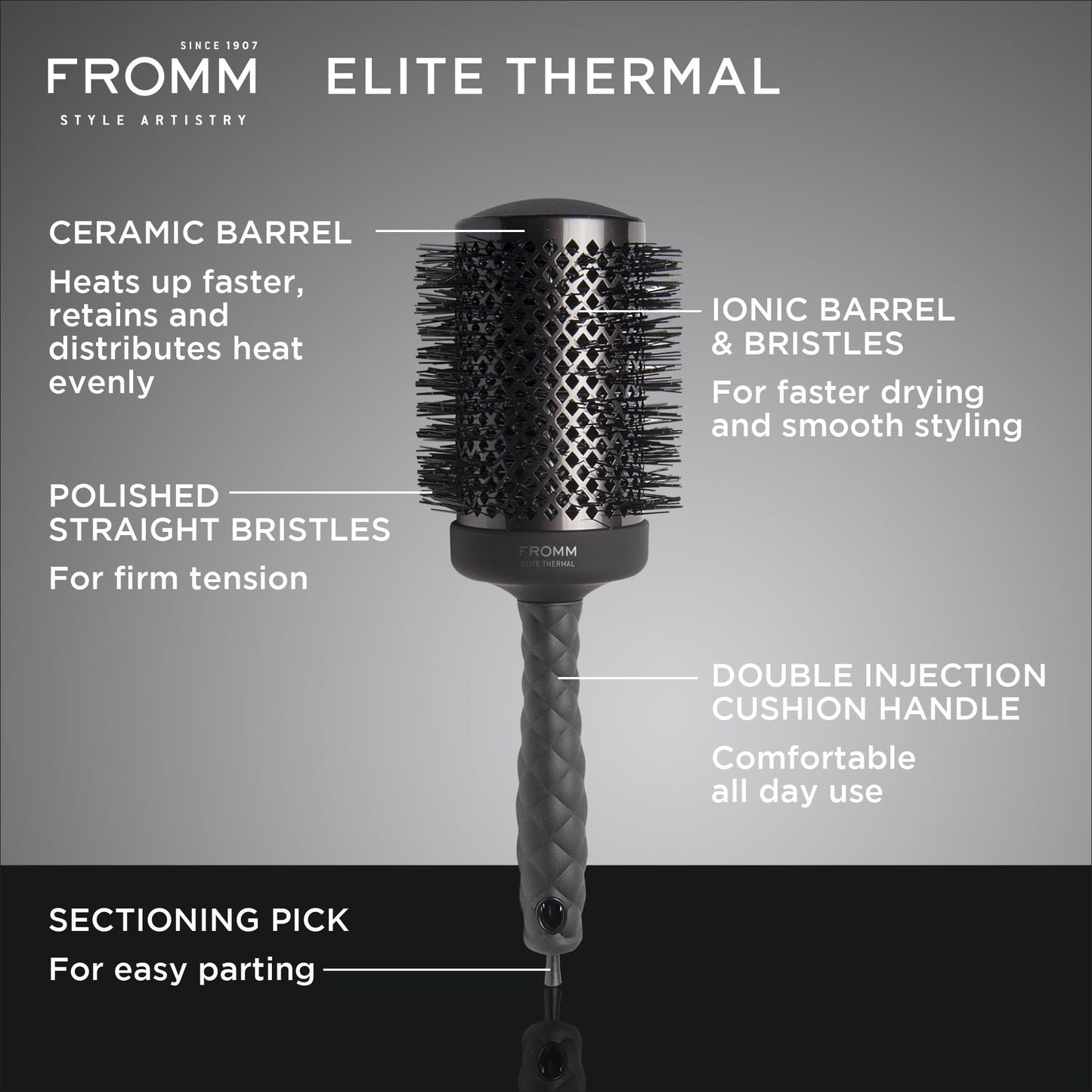 Fromm Elite Thermal Ceramic x Ionic 1.25 Inch Round Hair Brush for Expert Blowouts, Hair Drying, Extended Barrel for Anti-Static Styling, Smoothing, Straightening, and Shine, Ideal for Short Hair
