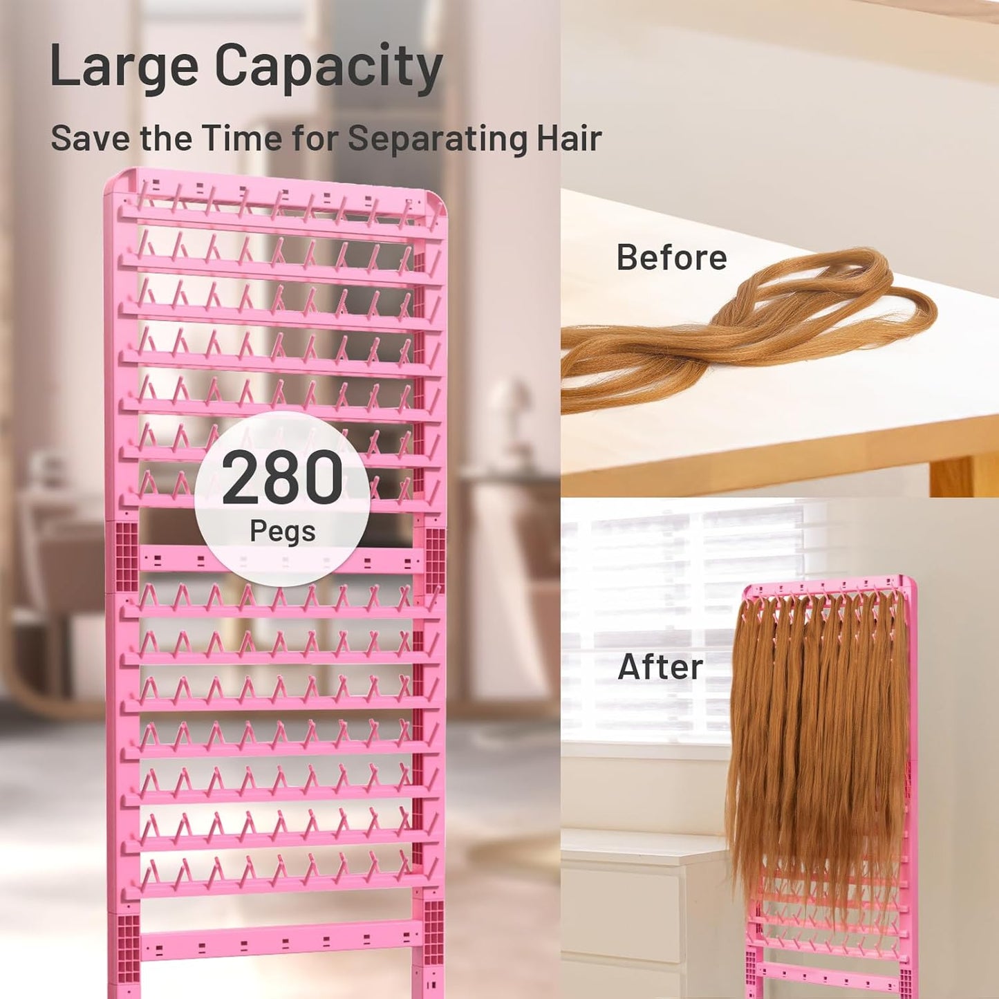 Adjustable Braiding Rack 280 Pegs, 2-Sided Braiding Hair Rack, Hair Racks for Braiders Standing with Wheels, Pink Hair Separator Braid Rack for Braiders Standing for Stylists