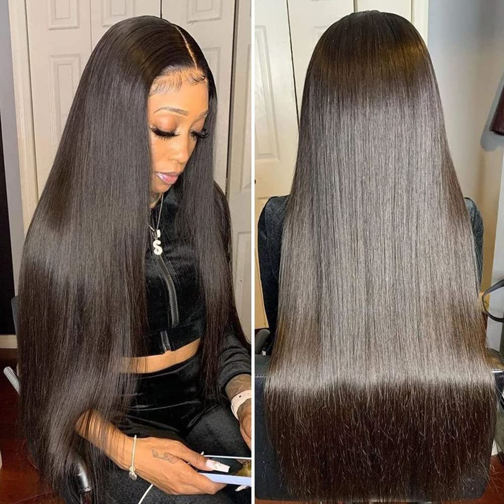 Iris Queen 28 Inch Straight HD Lace Front Wigs Human Hair Pre Plucked 12A 180 Density 13x4 Transparent Lace Frontal Wig with Baby Hair Natural Black for Women