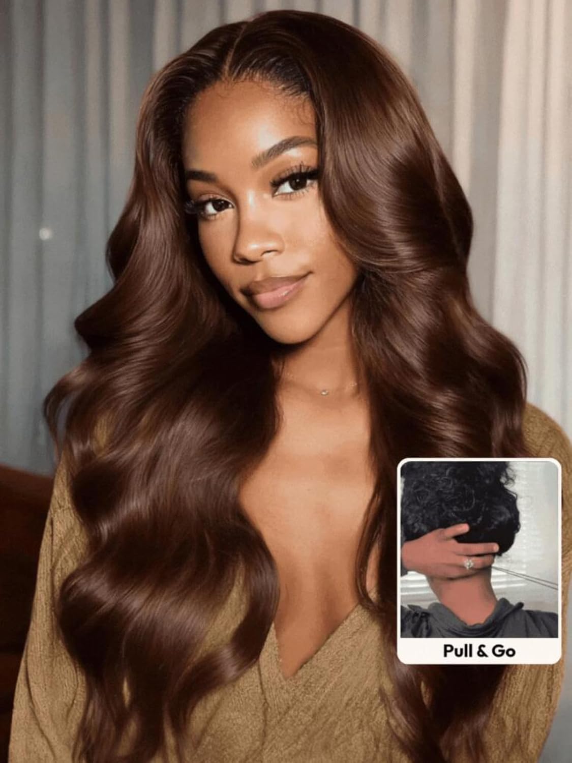 UNICE 13x4 HD Lace Front Wig Human Hair Drawstring Wigs Auburn Brown Loose Wave Face Framing Layers Curtain Bangs Glueless Wig Pre Plucked Pre Cut Bleached Knots 150% Density 20 Inch