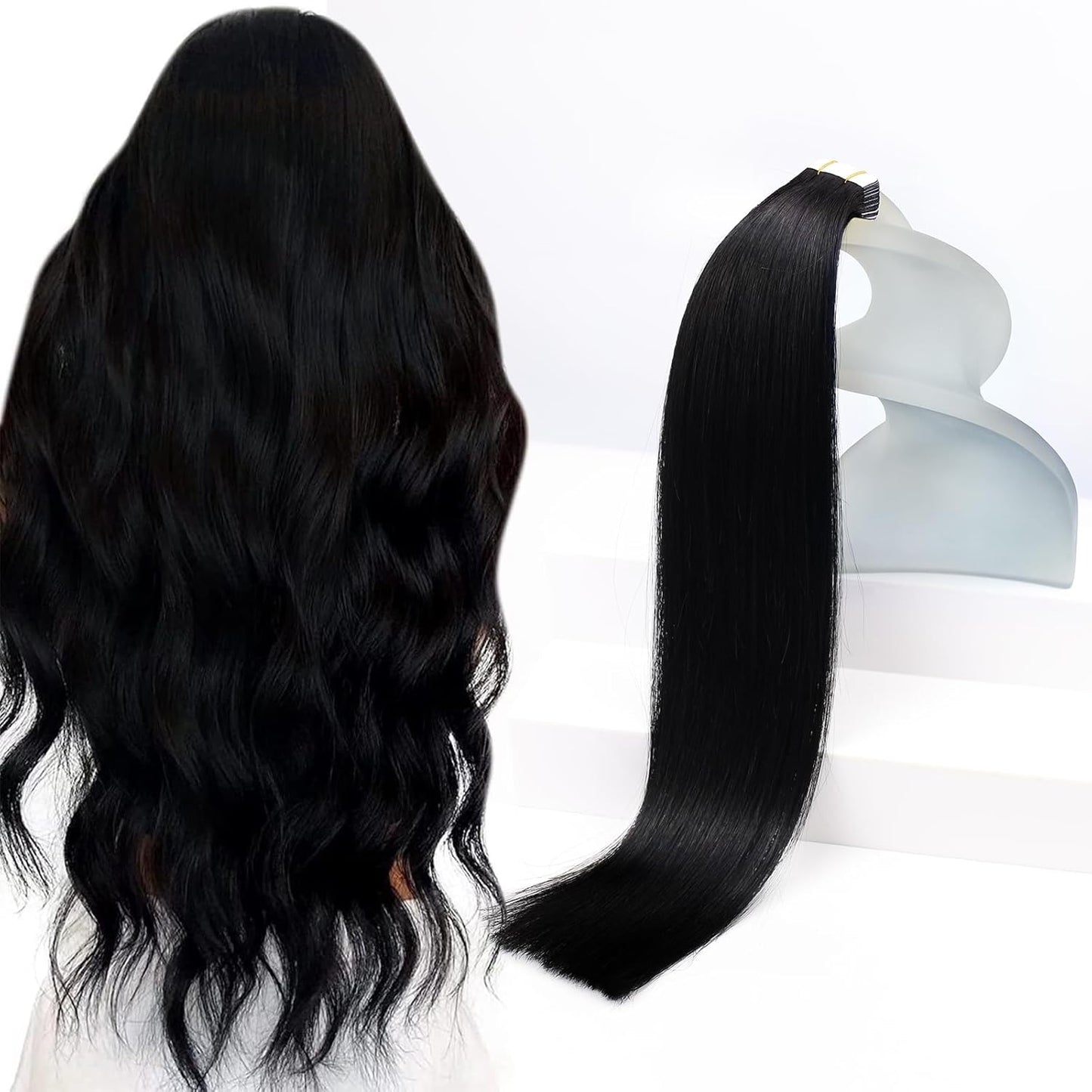 Sunny Hair Tape in Hair Extensions Human Hair 22inch Hair Extensions Real Human Hair Tape in Extensions for Women Jet Black Invisible Remy Hair Natural Straight Skin Weft Double Sided Tapes 20Pcs 50g