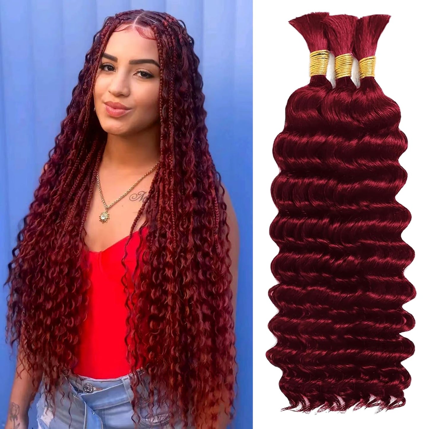 22 Inch Human Braiding Hair for Boho Braids Deep Wave Bulk Human Hair 100% Unprocessed Brazilian Virgin Hair for Braiding Bohemian No Weft 3 Bundles 110g Natural Color