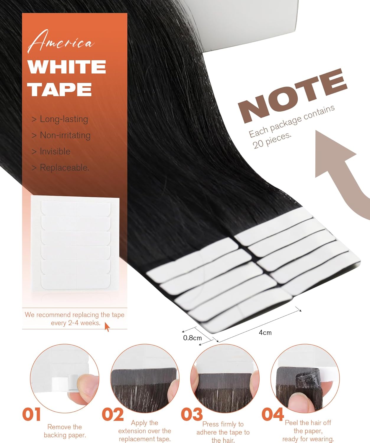 Sunny Hair Tape in Hair Extensions Human Hair 22inch Hair Extensions Real Human Hair Tape in Extensions for Women Jet Black Invisible Remy Hair Natural Straight Skin Weft Double Sided Tapes 20Pcs 50g