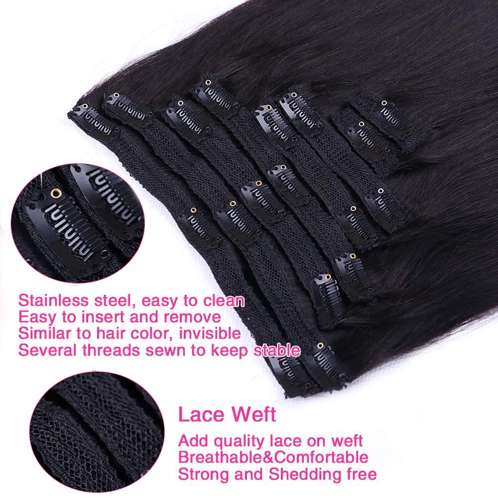 Straight Human Hair Clip in Hair Extensions for Black Women 100% Unprocessed Full Head Brazilian Virgin Hair Natural Black Color,8/Pcs with 18Clips,120 Gram (24inch, Straight hair)