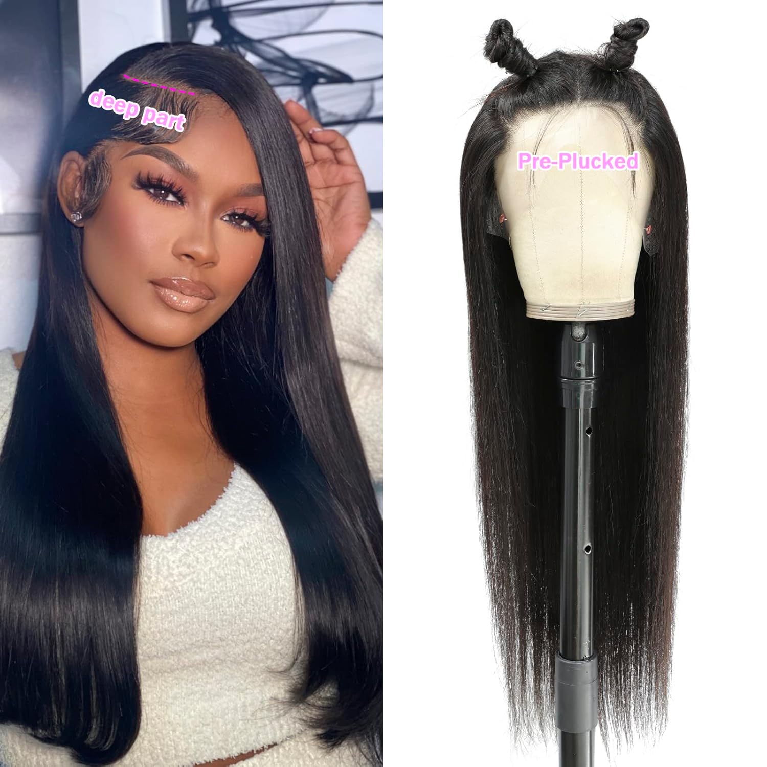13x6 Lace Front Wigs Human Hair for Women 180 Density HD Transparent 28 Inch Straight Lace Front Wigs Human Hair Pre Plucked Glueless Lace Frontal Wigs Natural Black Color