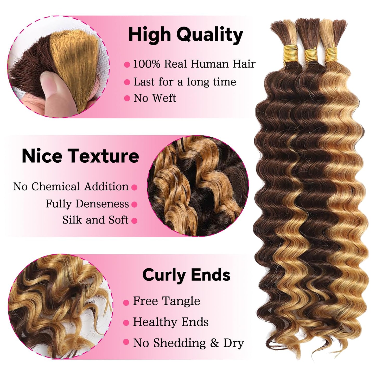 22 Inch Human Braiding Hair for Boho Braids Deep Wave Bulk Human Hair 100% Unprocessed Brazilian Virgin Hair for Braiding Bohemian No Weft 3 Bundles 110g Natural Color