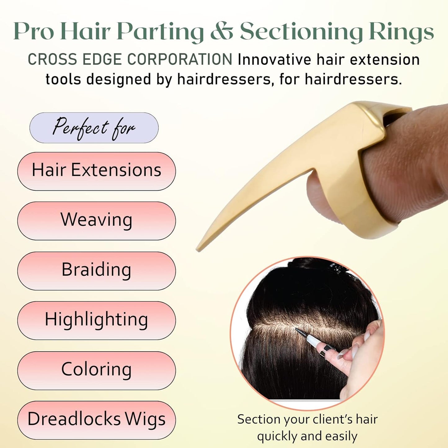 Quick Hair Braids Parting & Sectioning Rings 1pc - Stainless Steel Stitch Braid Tool Finger for Durable Dreadlocks Wig & Installation of Human Hair Extensions Braiding Tools (Gold)